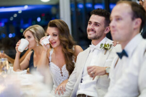 bride with tears of joy during speeches at wedding reception in Fremantle, Western Australia
