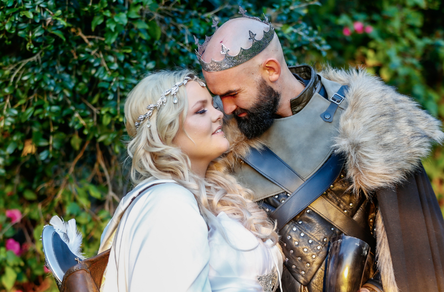 close up of bride and groom at viking themed wedding