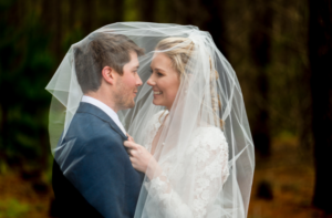 Close up photo of bride and groom under veil near Canberra