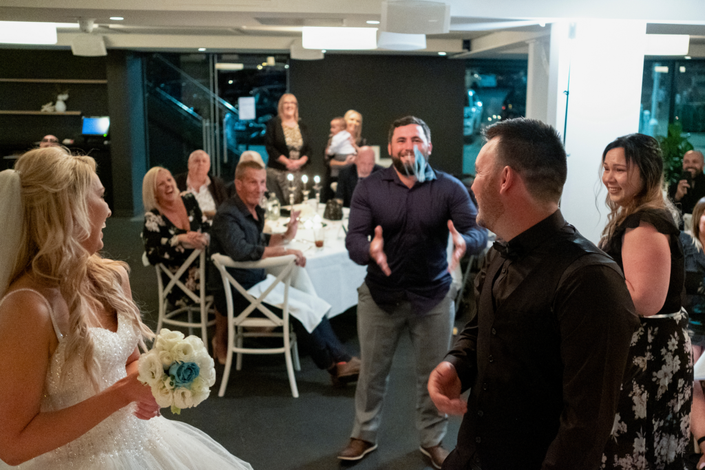 garter toss at wedding reception in Wollongong NSW