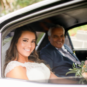 1 bride and Dad photographed in car before Sydney wedding