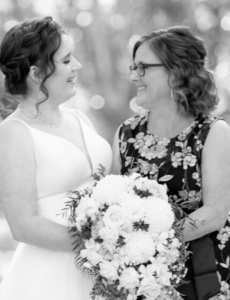 black and white photo of Bride and Mum at Cedar Creek Lodges