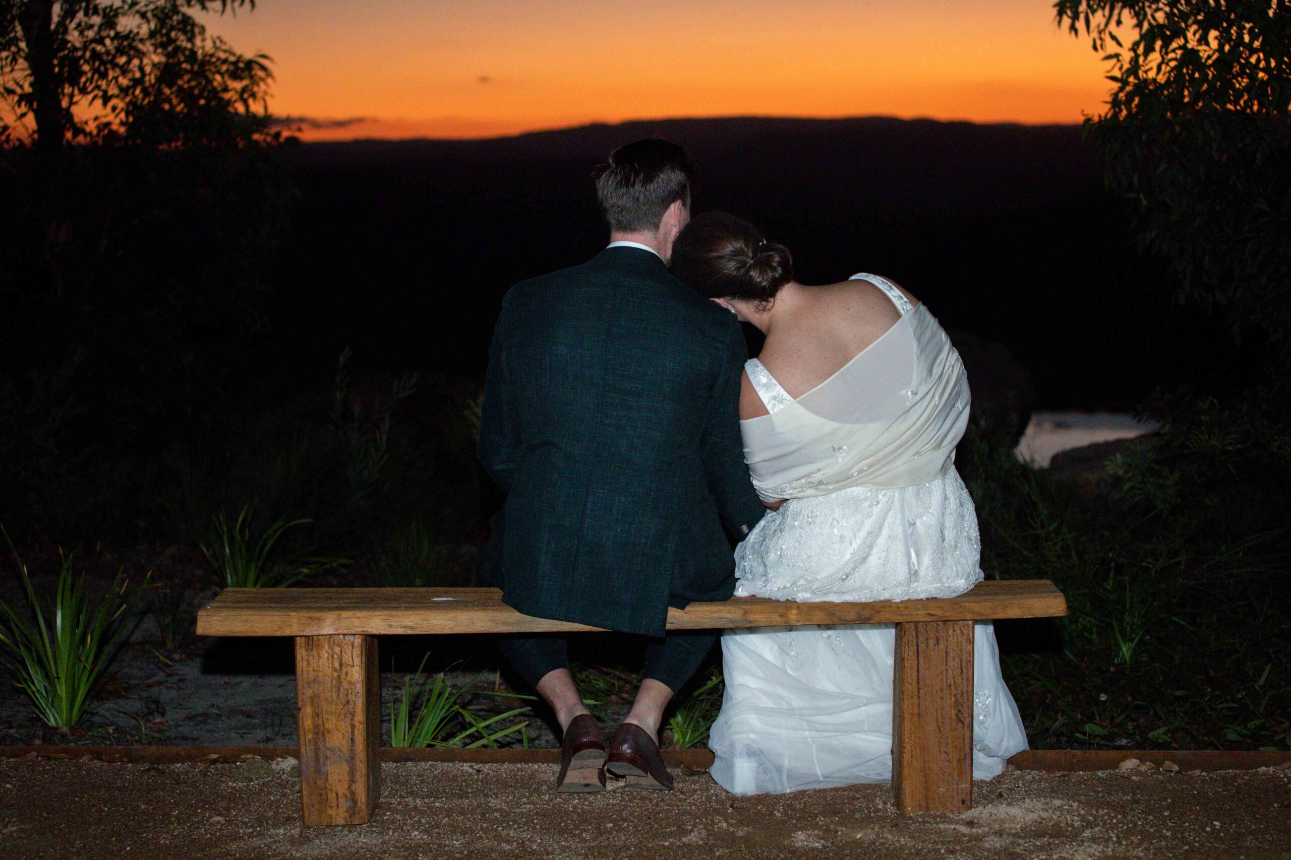 photo of bride and groom at sunset wedding reception in Canberra
