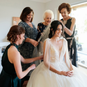 bride getting ready with family at Log Cabin Ranch