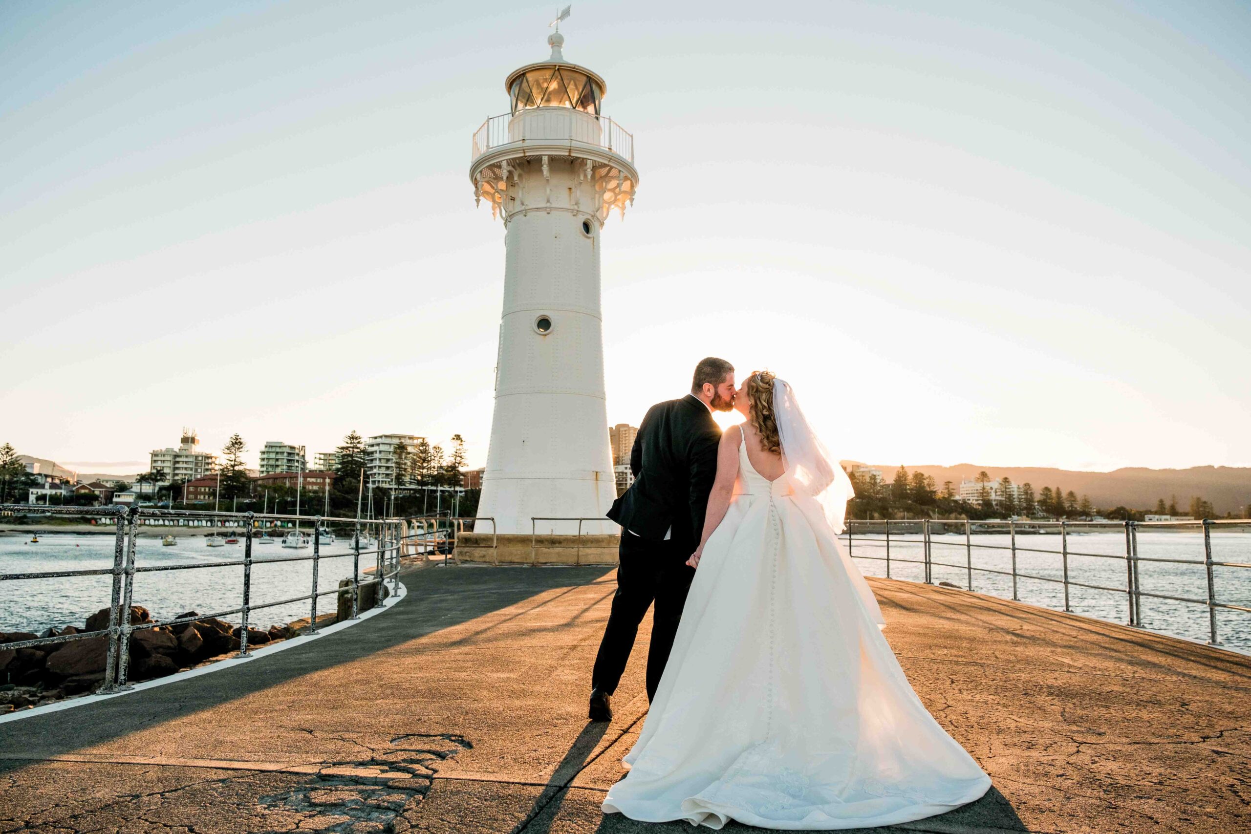 photo of newlyweds after wedding at Wollongong Breakwater Lighthouse